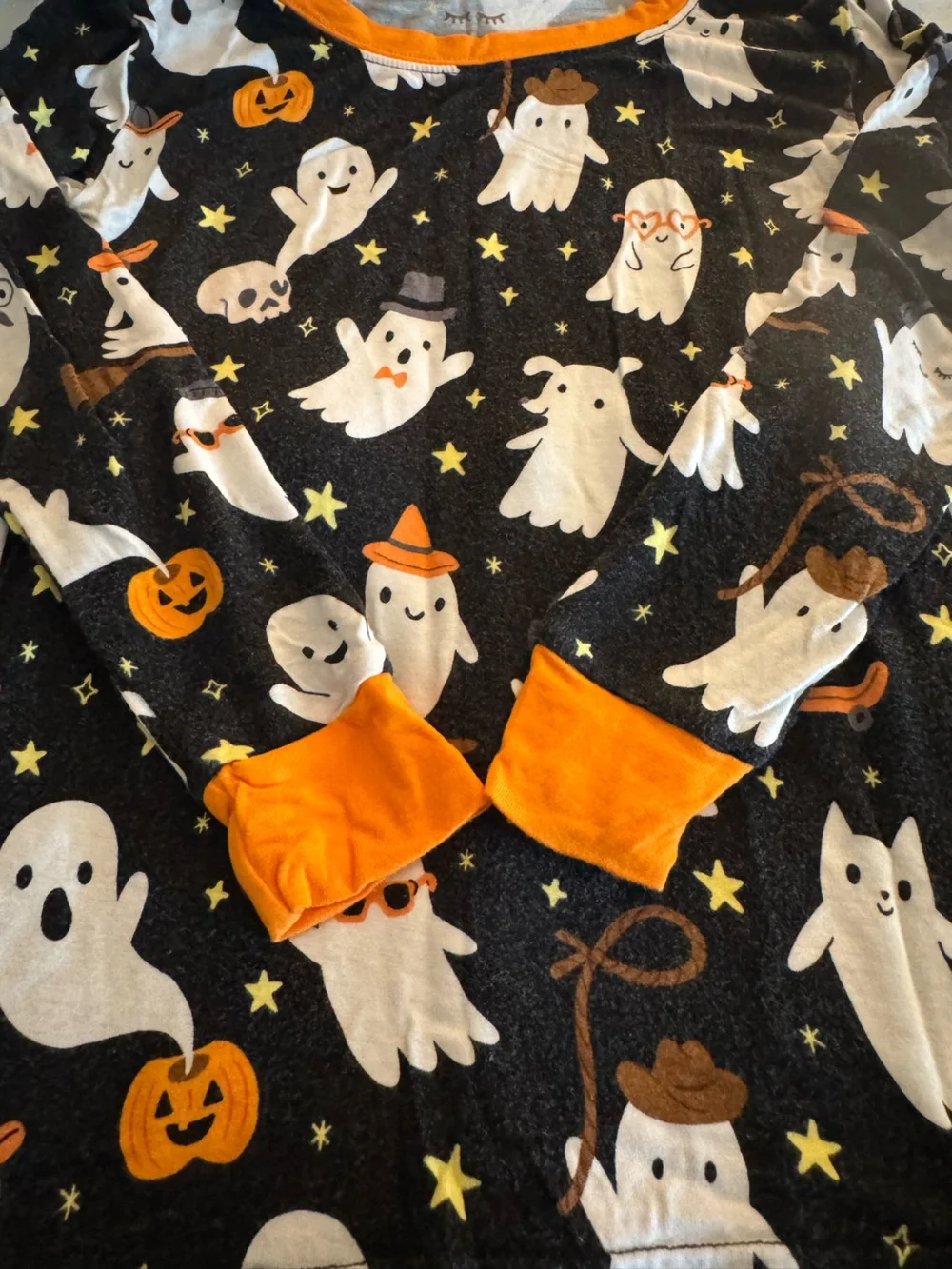 Kids Halloween Ghost Print One-Piece Pajama Set - Black & Orange